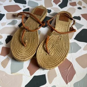 Tory Burch Emmy espadrille thong sandal in brown leather with a jute footbed 9